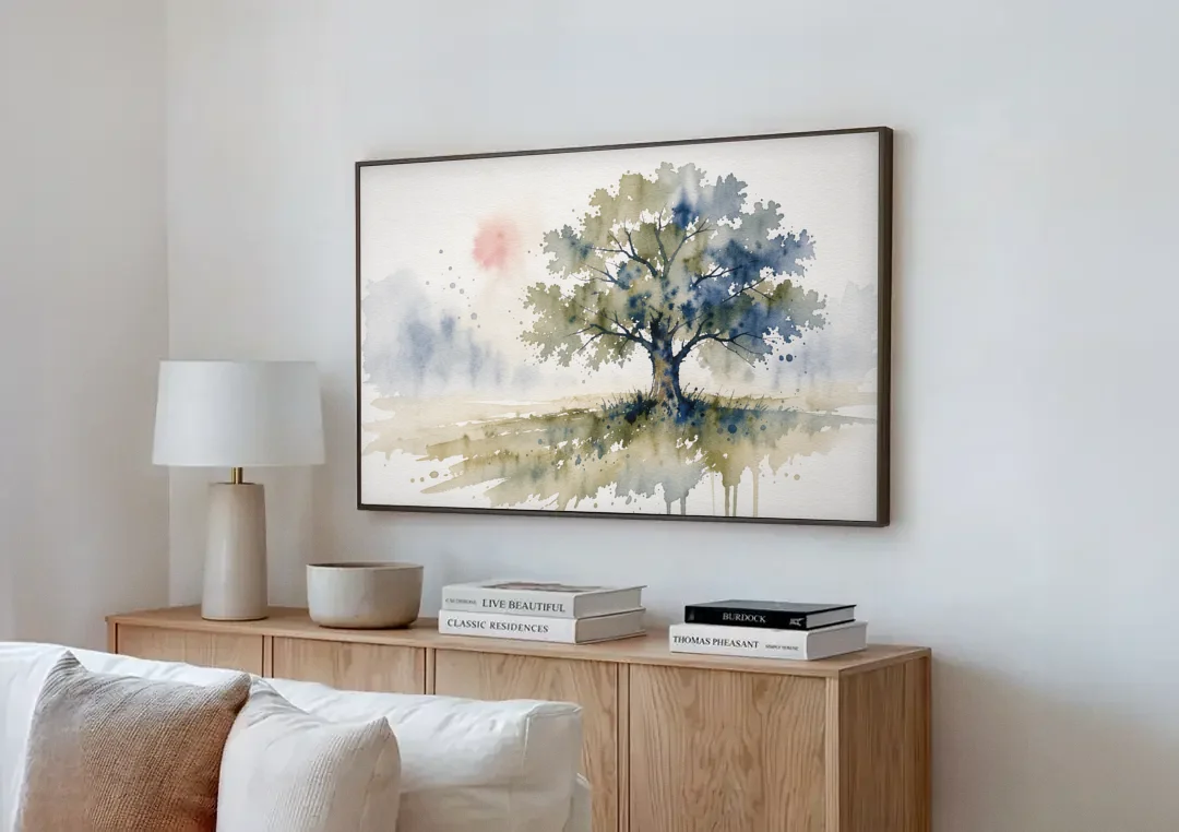 Lone Oak Tree in a Misty Meadow canvas wall art above a wooden sideboard next to a sofa