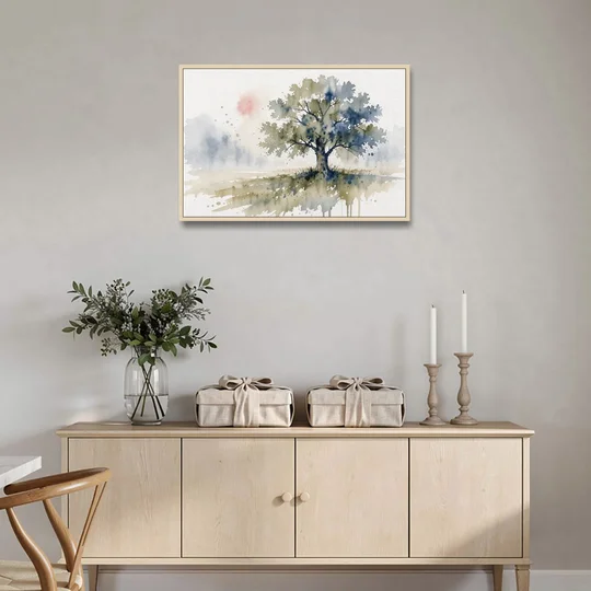 Lone Oak Tree in a Misty Meadow - Oak Framed Canvas Wall Art - Coffee Table - 36x24