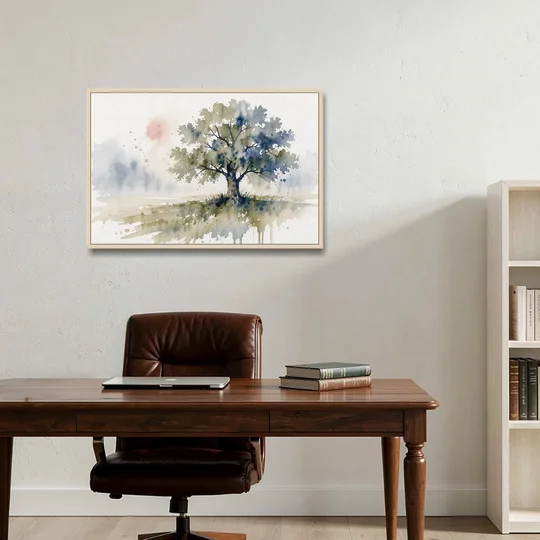 Lone Oak Tree in a Misty Meadow - Oak Framed Canvas Wall Art - Office - 36x24