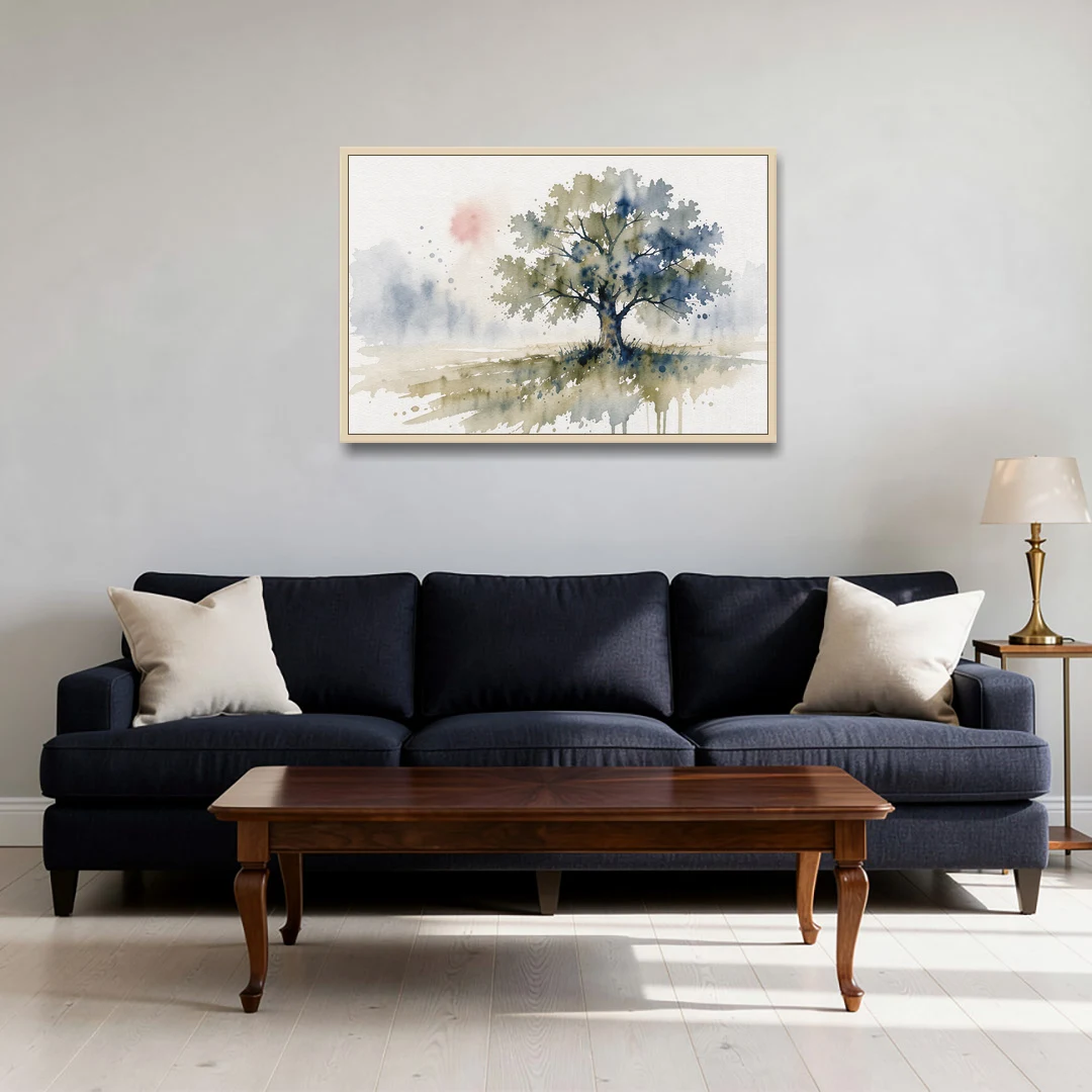 Lone Oak Tree in a Misty Meadow - Oak Framed Canvas Wall Art - Sofa - 36x24