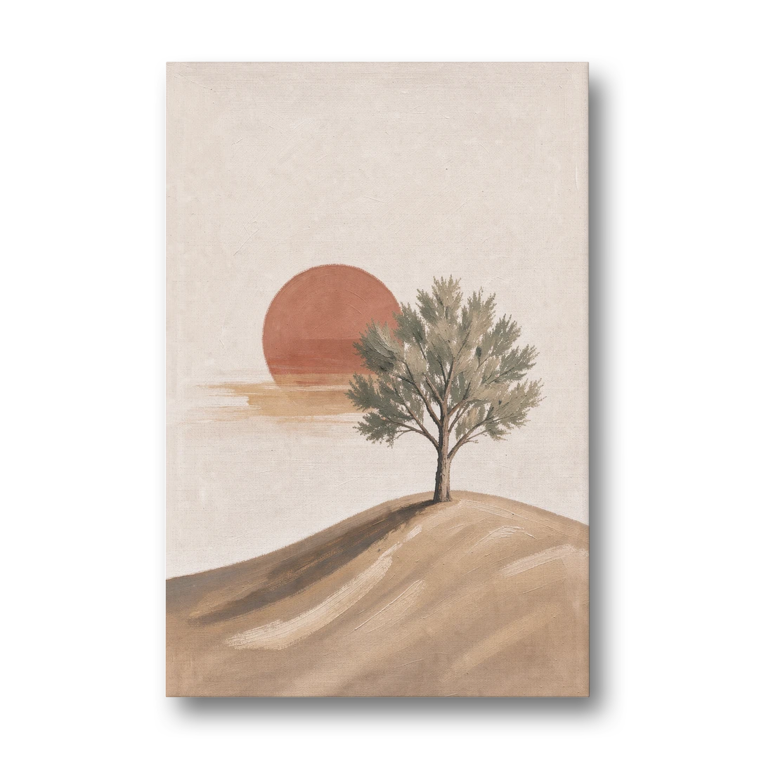 Lone Tree on a Hill Before a Rust Sun - Canvas Wall Art - Front
