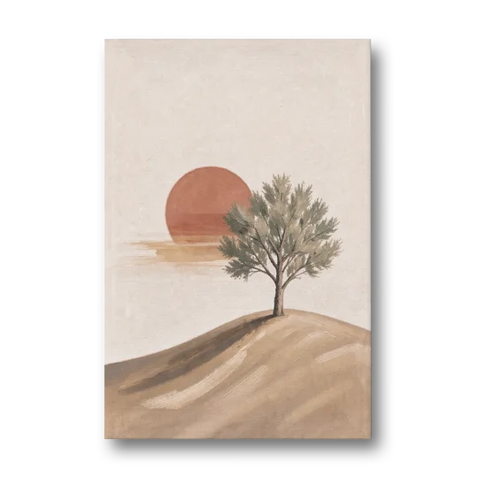 Lone Tree on a Hill Before a Rust Sun - Canvas Wall Art - Front
