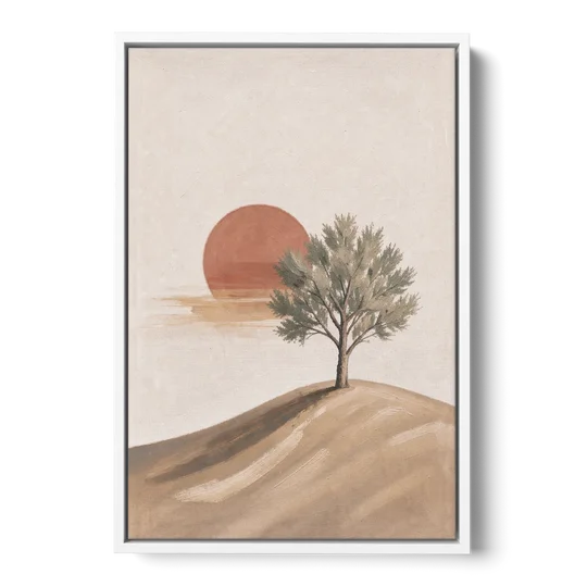 Lone Tree on a Hill Before a Rust Sun - White Framed Canvas Wall Art - Front