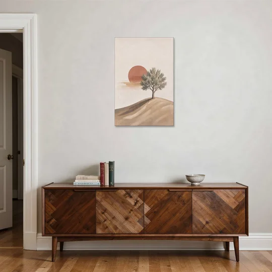 Lone Tree on a Hill Before a Rust Sun - Canvas Wall Art - Coffee Table - 24x36