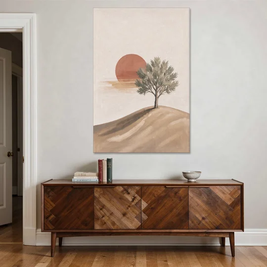 Lone Tree on a Hill Before a Rust Sun - Canvas Wall Art - Coffee Table - 40x60