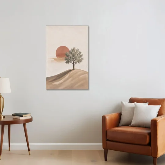 Lone Tree on a Hill Before a Rust Sun - Canvas Wall Art - Sofa - 24x36