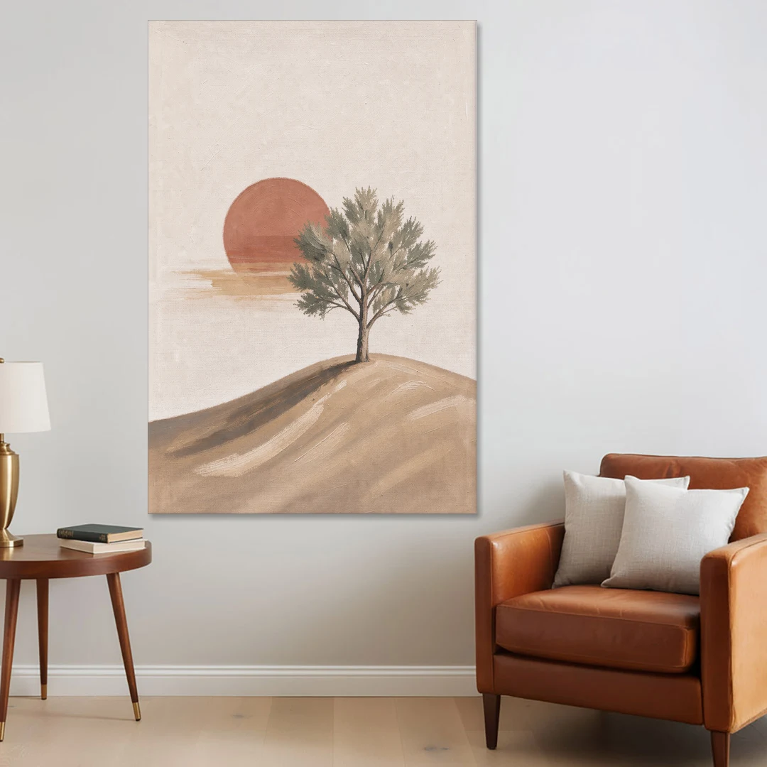 Lone Tree on a Hill Before a Rust Sun - Canvas Wall Art - Sofa - 40x60