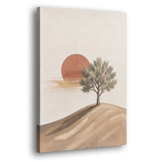 Lone Tree on a Hill Before a Rust Sun - Canvas Wall Art - Side