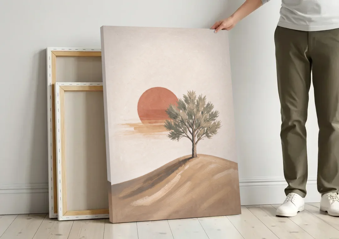 Lone Tree on a Hill Before a Rust Sun canvas wall art leaning against a wall next to blank canvases