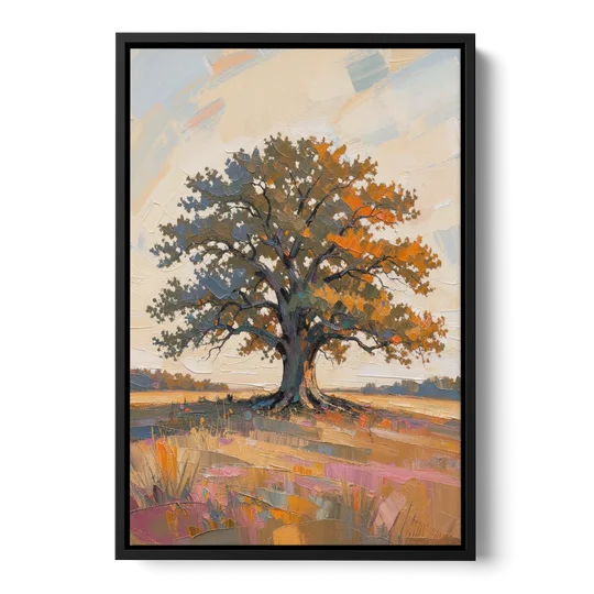 Lone Tree Painting of an Oak at Golden Hour - Black Framed Canvas Wall Art - Front