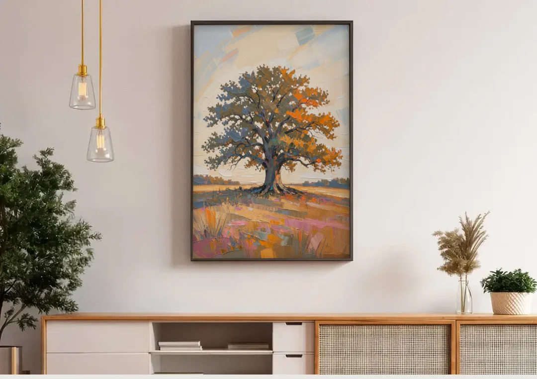 Lone Tree Painting of an Oak at Golden Hour canvas wall art above a wooden sideboard under pendant lights