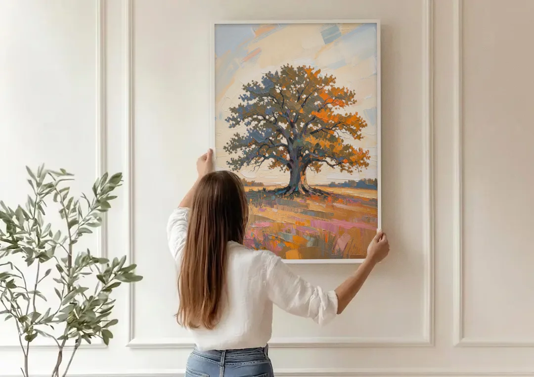 Lone Tree Painting of an Oak at Golden Hour canvas wall art being hung on a paneled wall