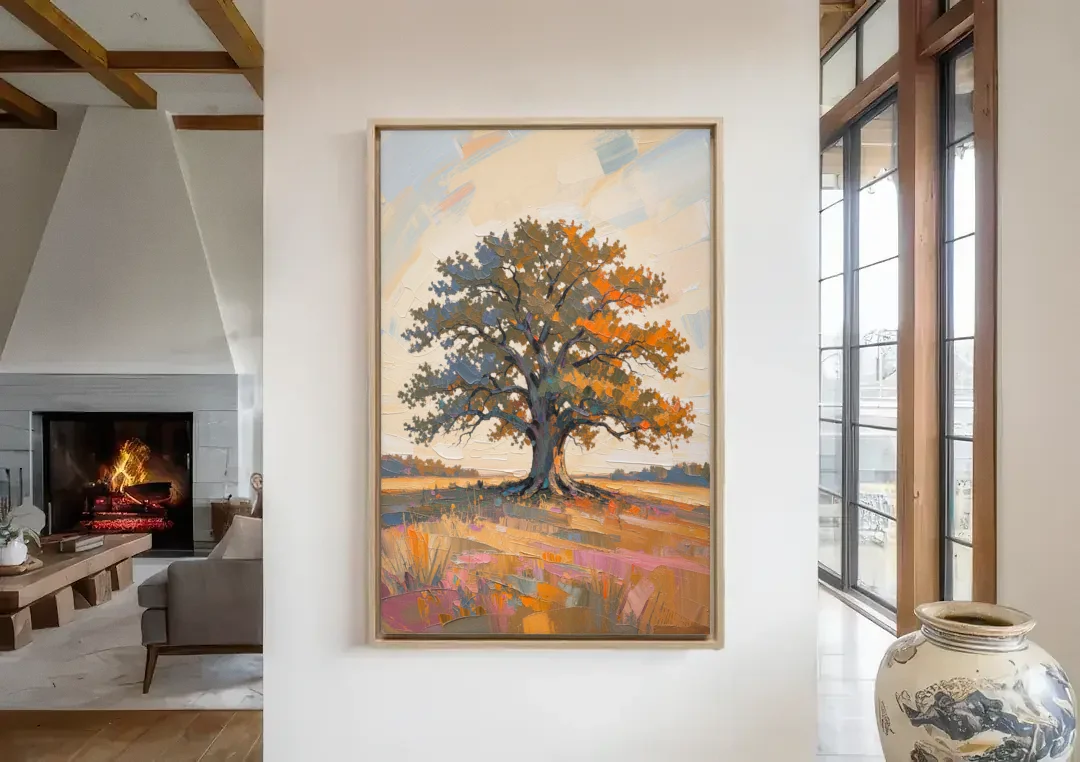 Lone Tree Painting of an Oak at Golden Hour canvas wall art in a living room with a fireplace
