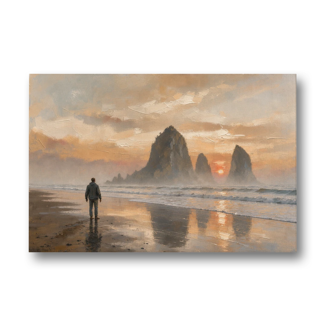 Lone Walker Facing Sea Stacks at Sunset - Canvas Wall Art - Front