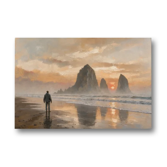 Lone Walker Facing Sea Stacks at Sunset - Canvas Wall Art - Front