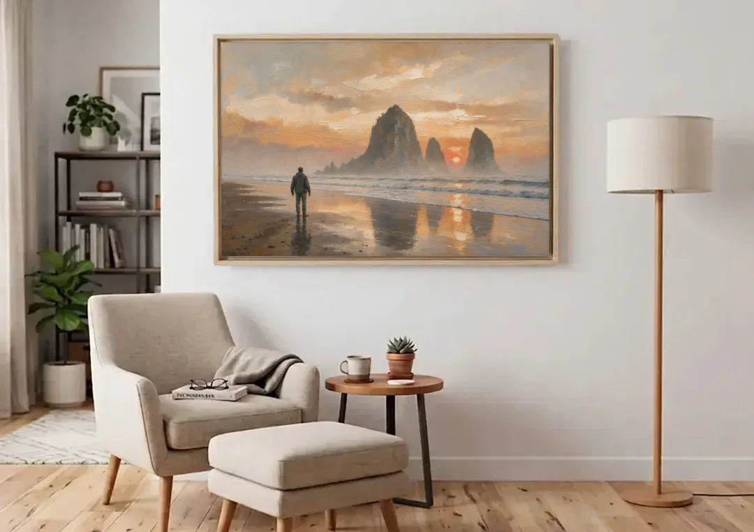 Lone Walker Facing Sea Stacks at Sunset canvas wall art above an armchair in a bright living room