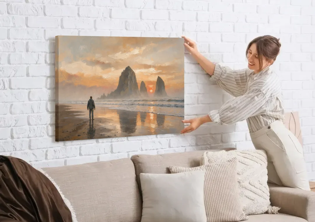 Lone Walker Facing Sea Stacks at Sunset canvas wall art being hung on a white brick wall above a sofa