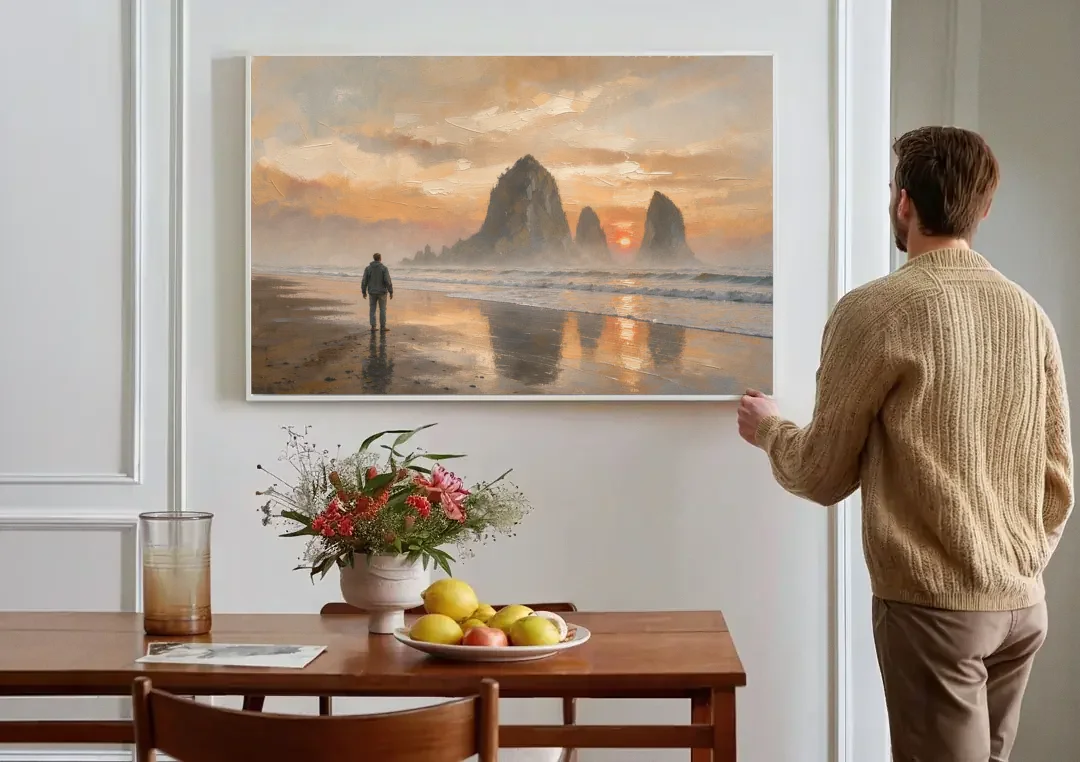 Lone Walker Facing Sea Stacks at Sunset canvas wall art above a dining table