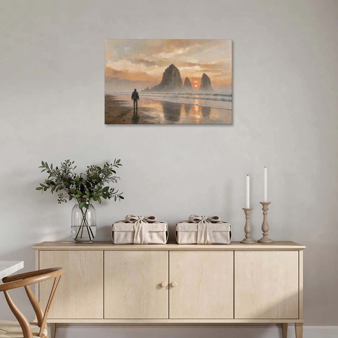 Lone Walker Facing Sea Stacks at Sunset - Canvas Wall Art - Coffee Table - 36x24