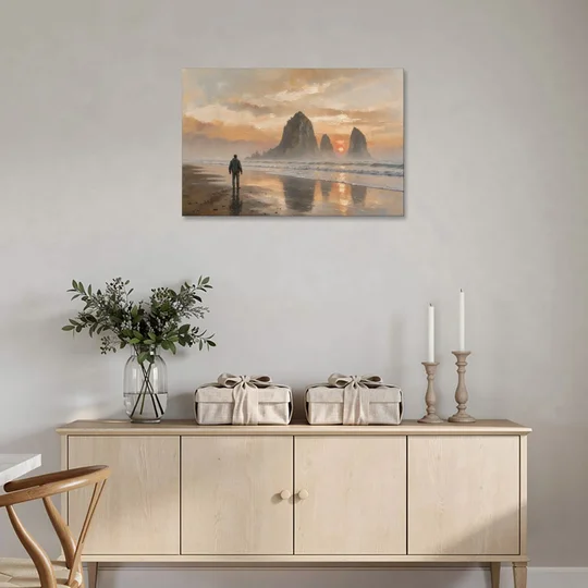 Lone Walker Facing Sea Stacks at Sunset - Canvas Wall Art - Coffee Table - 36x24