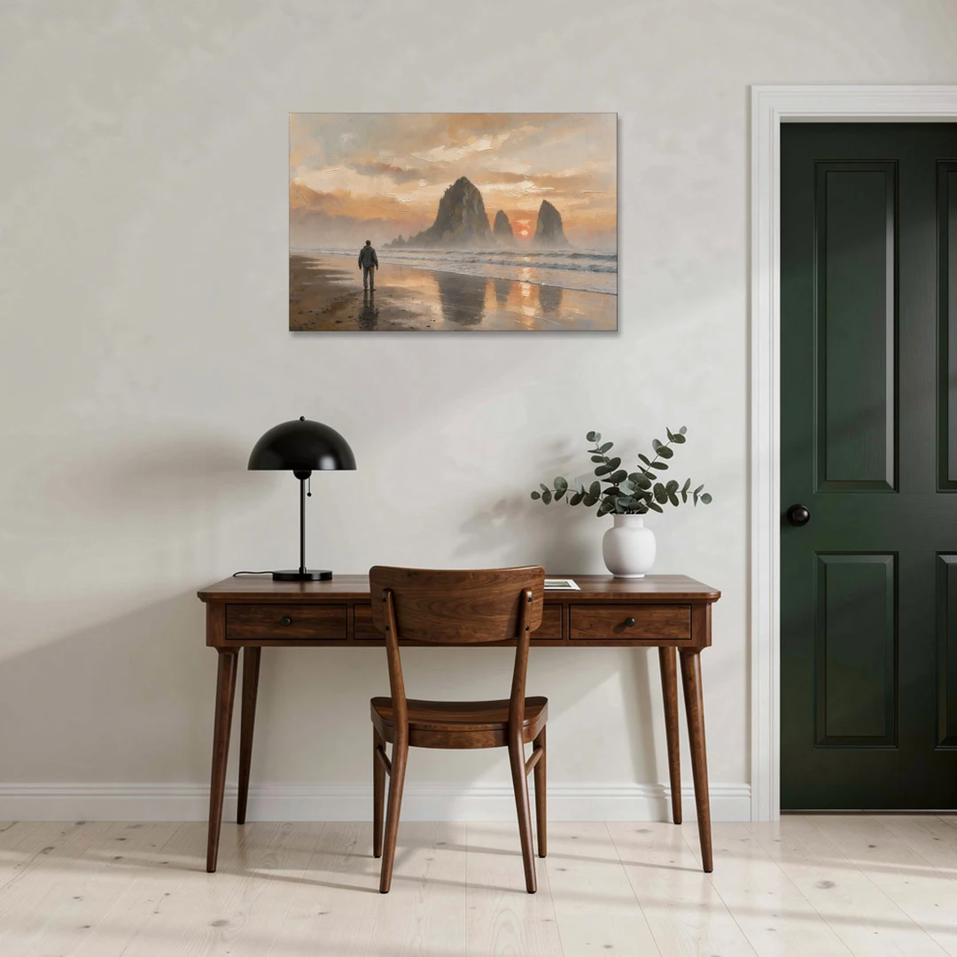 Lone Walker Facing Sea Stacks at Sunset - Canvas Wall Art - Office - 36x24