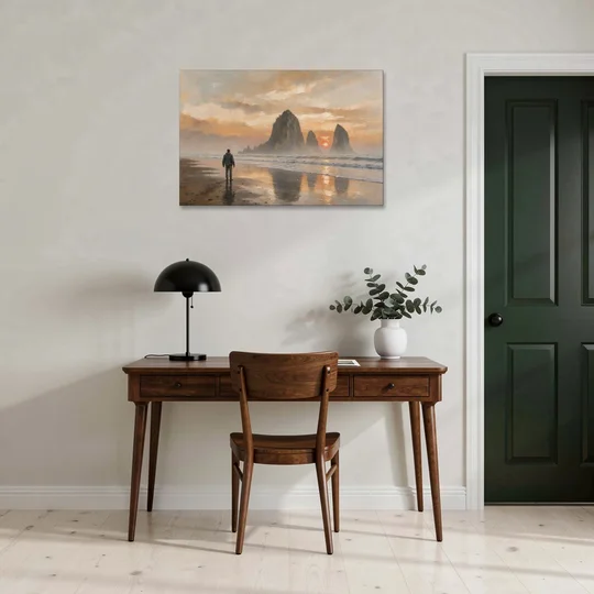 Lone Walker Facing Sea Stacks at Sunset - Canvas Wall Art - Office - 36x24