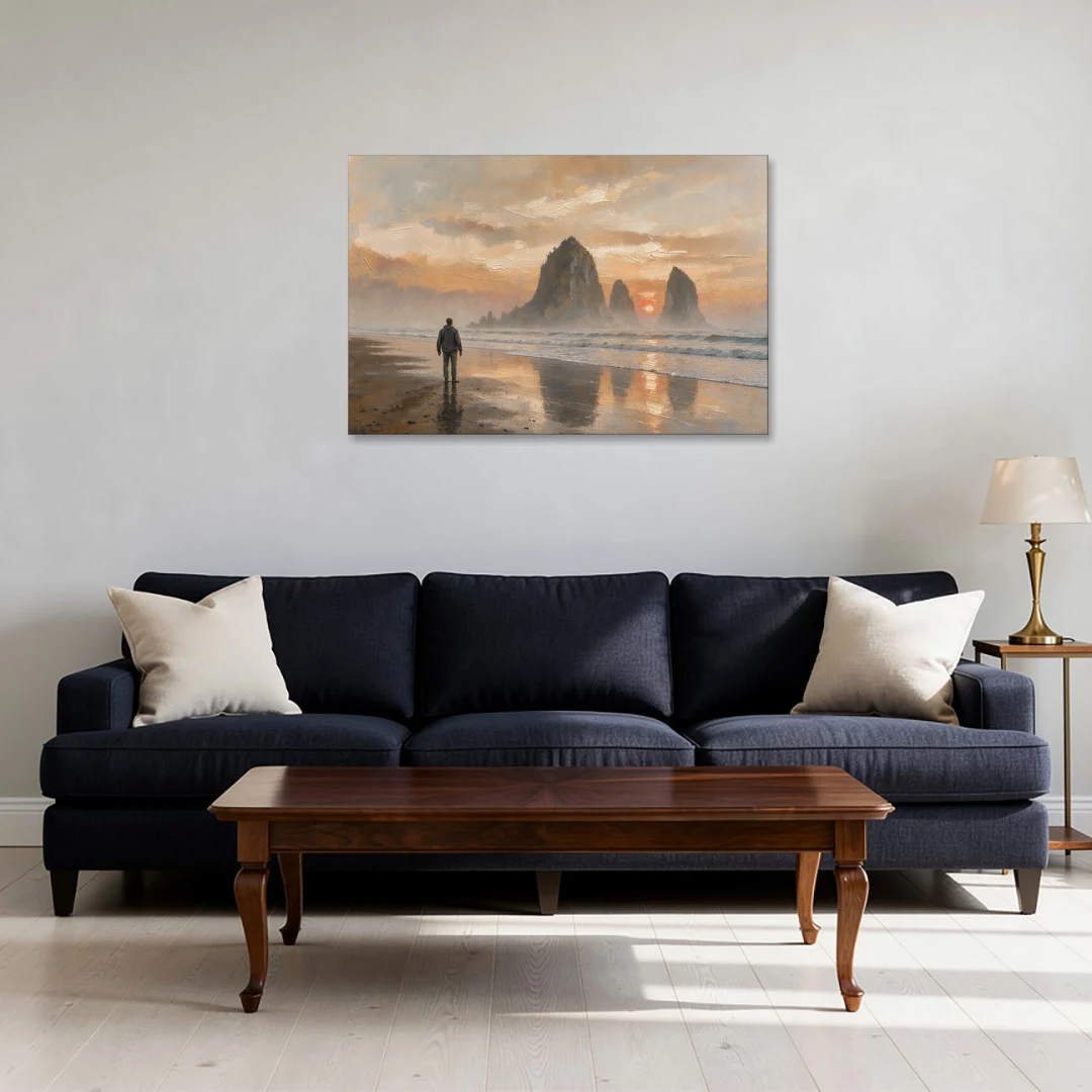 Lone Walker Facing Sea Stacks at Sunset - Canvas Wall Art - Sofa - 36x24