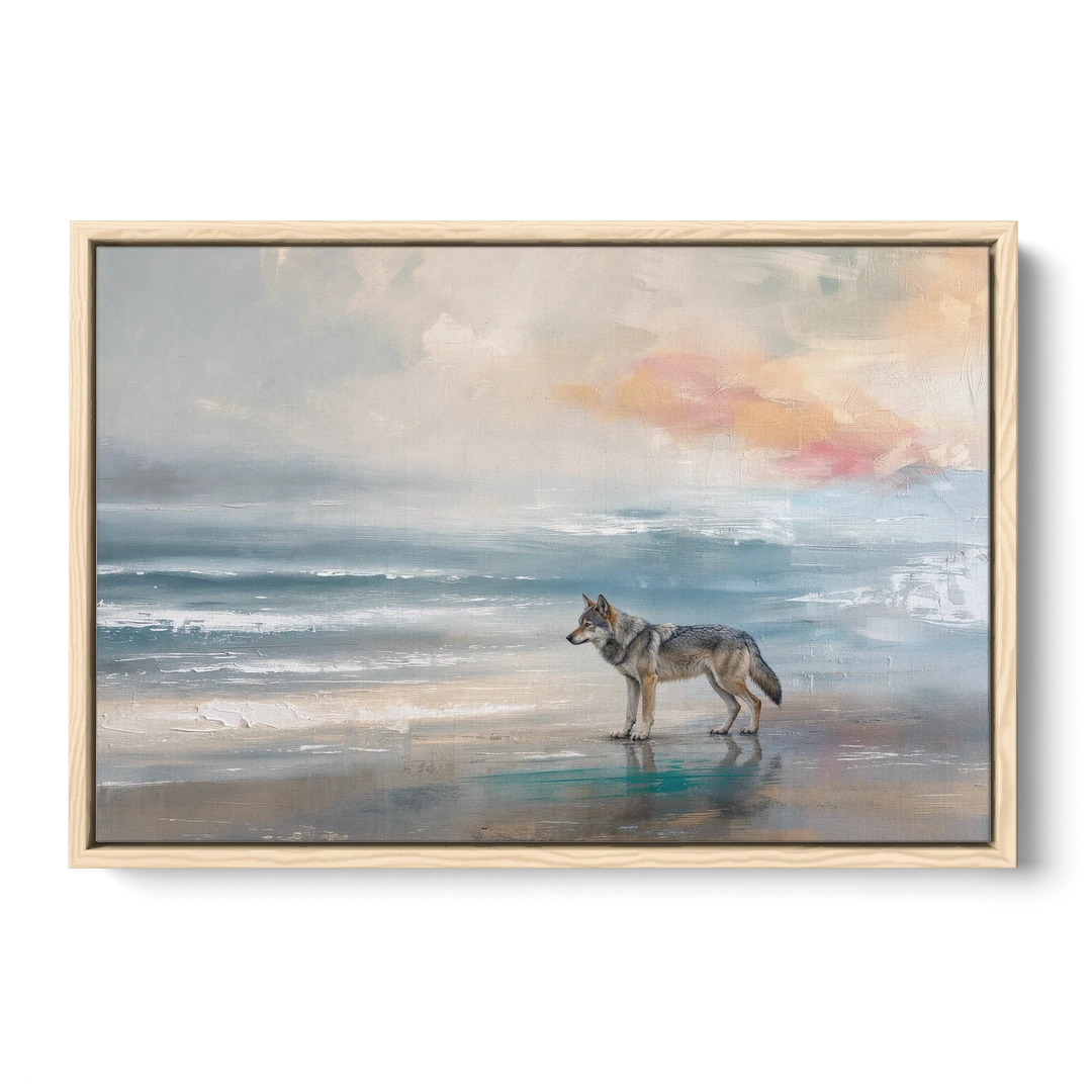 Coastal Lone Wolf on the Misty Shore - Oak Framed Canvas Wall Art - Front