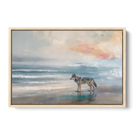 Coastal Lone Wolf on the Misty Shore - Oak Framed Canvas Wall Art - Front