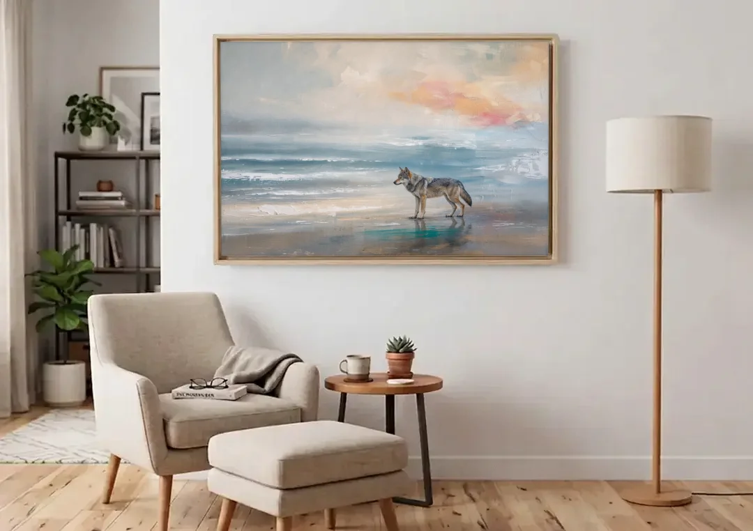 Coastal Lone Wolf on the Misty Shore canvas wall art above an armchair in a bright living room
