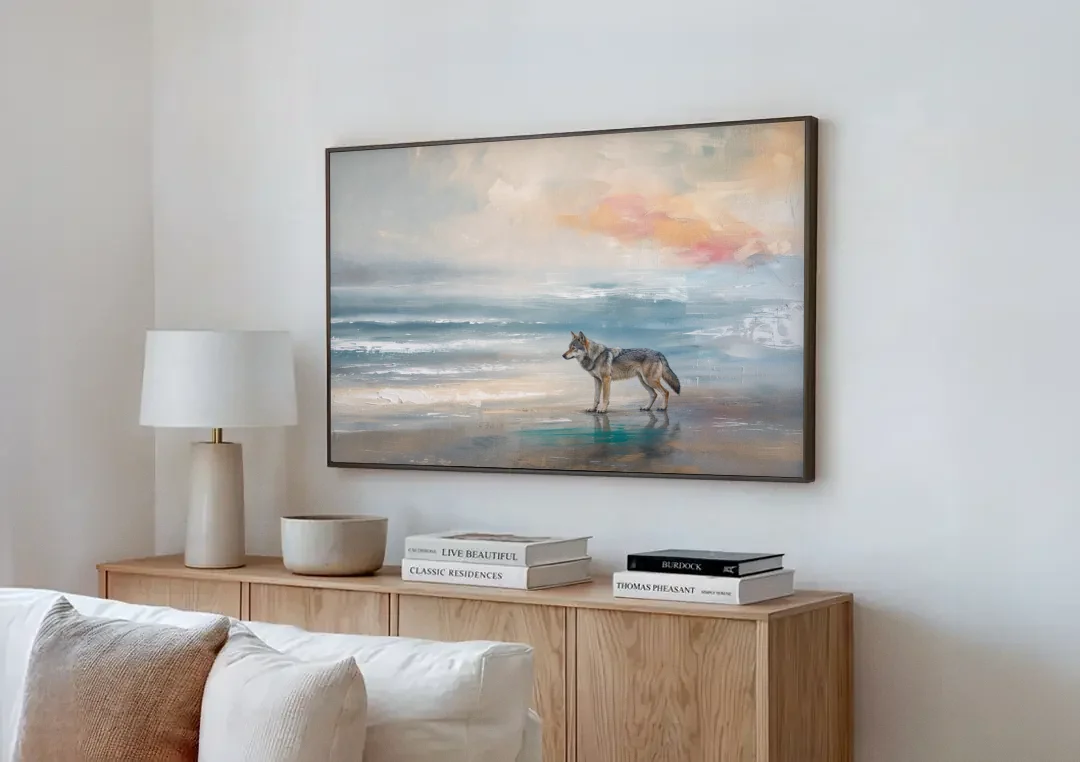 Coastal Lone Wolf on the Misty Shore canvas wall art above a wooden sideboard next to a sofa
