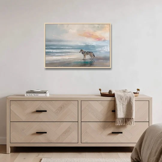 Coastal Lone Wolf on the Misty Shore - Oak Framed Canvas Wall Art - Coffee Table - 36x24