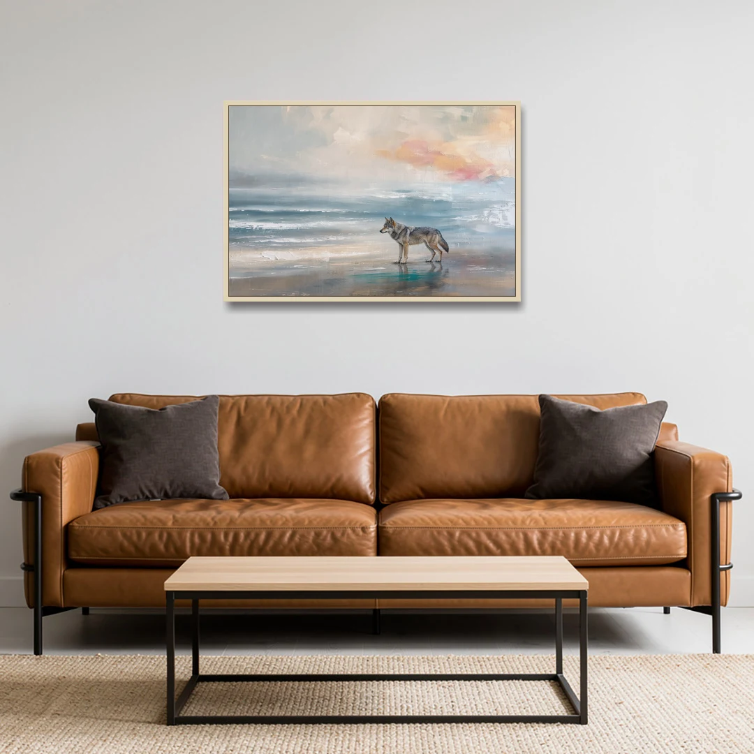 Coastal Lone Wolf on the Misty Shore - Oak Framed Canvas Wall Art - Sofa - 36x24