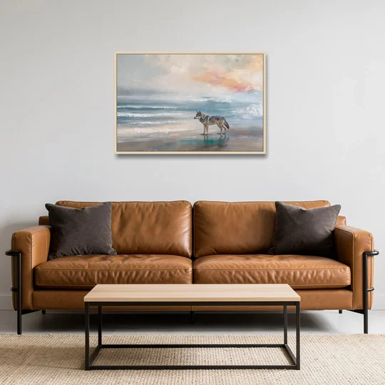 Coastal Lone Wolf on the Misty Shore - Oak Framed Canvas Wall Art - Sofa - 36x24