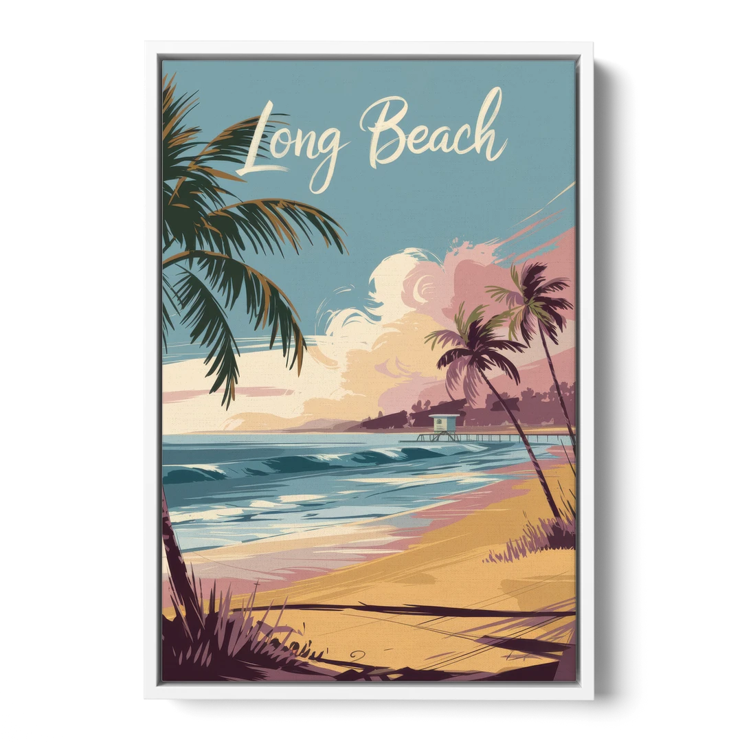 Long Beach California Coastal Scene - White Framed Canvas Wall Art - Front