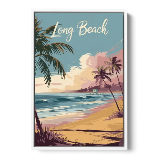 Long Beach California Coastal Scene - White Framed Canvas Wall Art - Front
