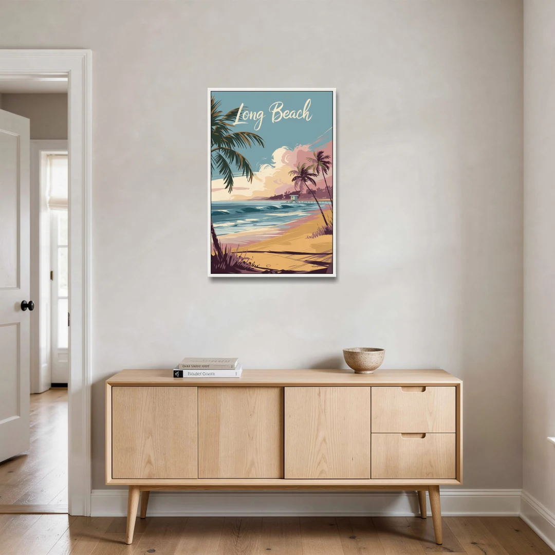 Long Beach California Coastal Scene - White Framed Canvas Wall Art - Coffee Table - 24x36