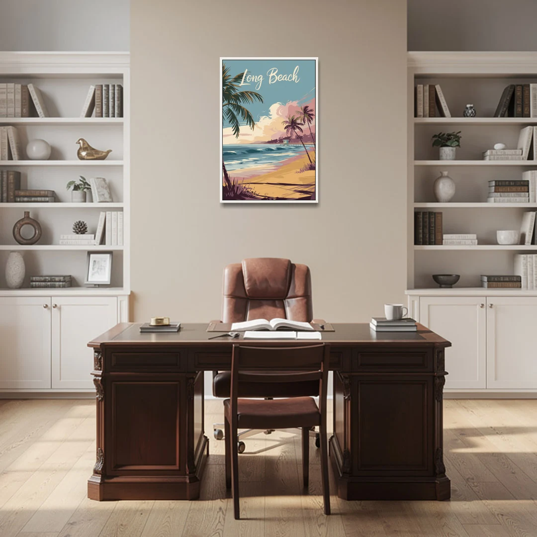 Long Beach California Coastal Scene - White Framed Canvas Wall Art - Office - 24x36