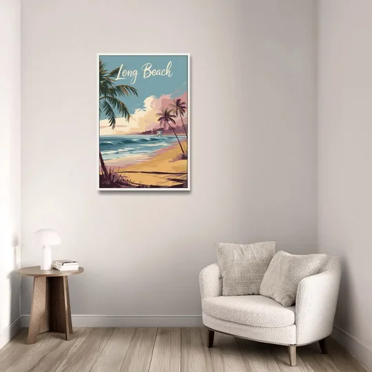 Long Beach California Coastal Scene - White Framed Canvas Wall Art - Sofa - 24x36
