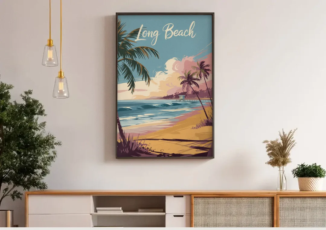 Long Beach California Coastal Scene canvas wall art above a wooden sideboard under pendant lights