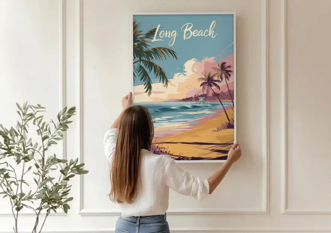 Long Beach California Coastal Scene canvas wall art being hung on a paneled wall
