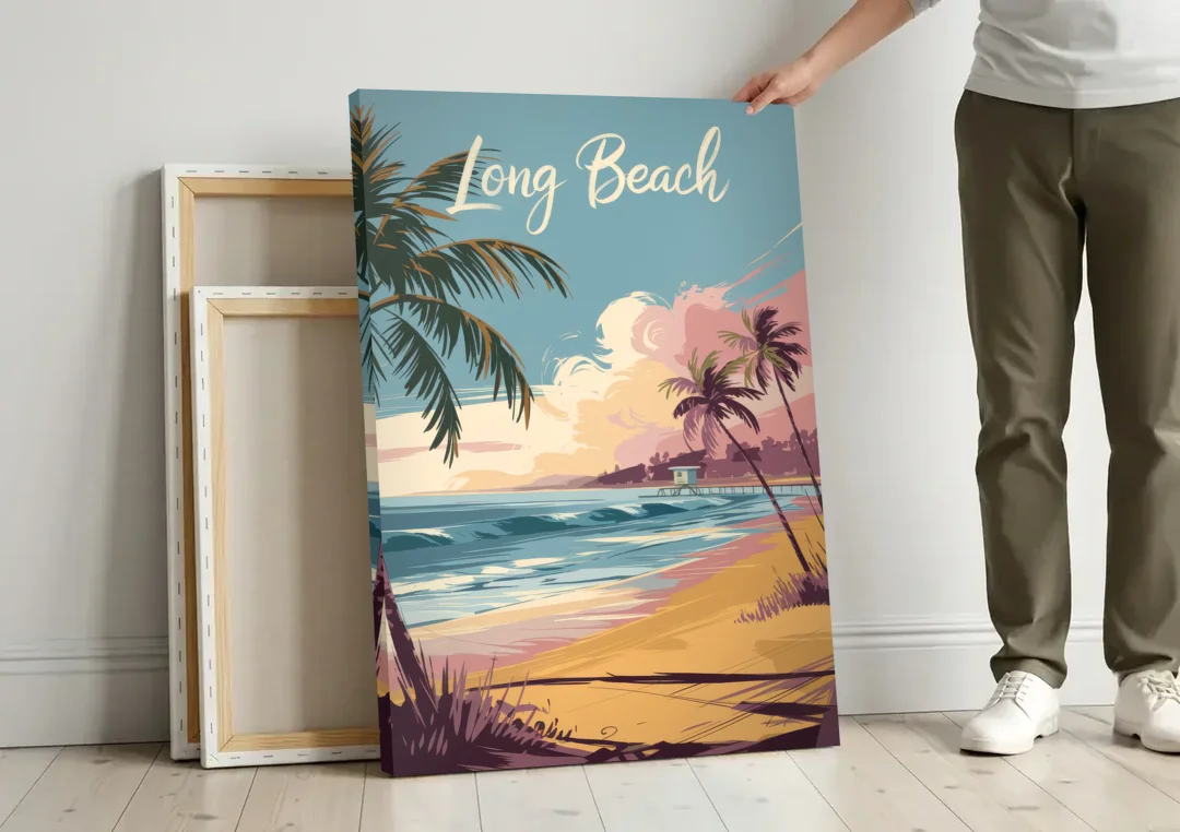 Long Beach California Coastal Scene canvas wall art leaning against a wall next to blank canvases