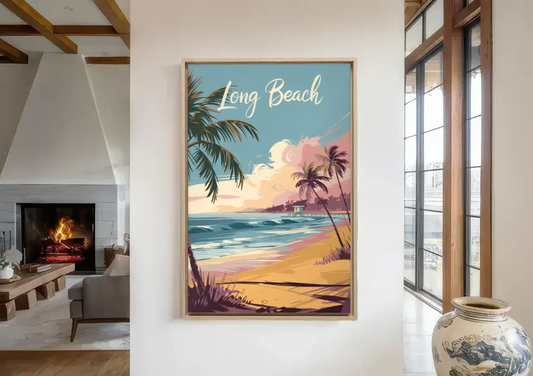 Long Beach California Coastal Scene canvas wall art in a living room with a fireplace