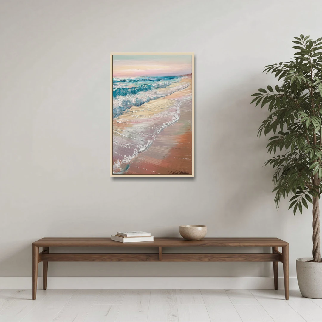Long Beach California Ocean Waves - Oak Framed Canvas Wall Art - Coffee Table - 24x36