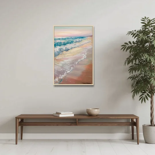 Long Beach California Ocean Waves - Oak Framed Canvas Wall Art - Coffee Table - 24x36