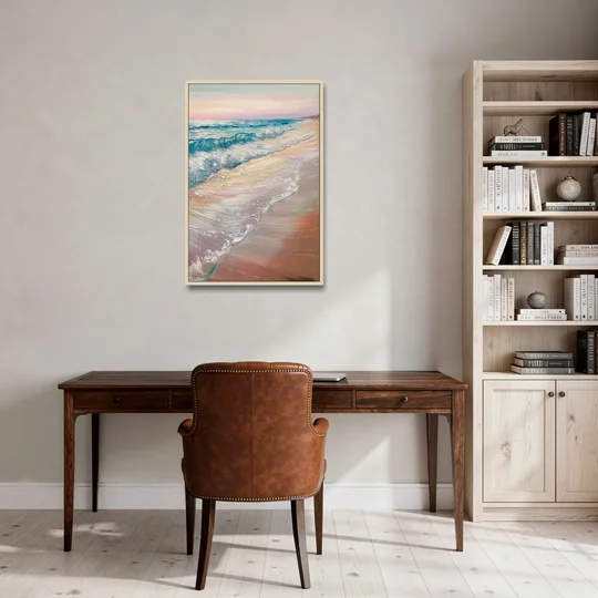 Long Beach California Ocean Waves - Oak Framed Canvas Wall Art - Office - 24x36