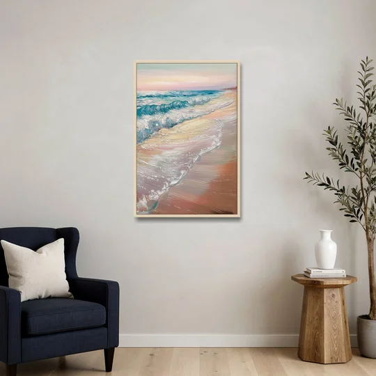 Long Beach California Ocean Waves - Oak Framed Canvas Wall Art - Sofa - 24x36