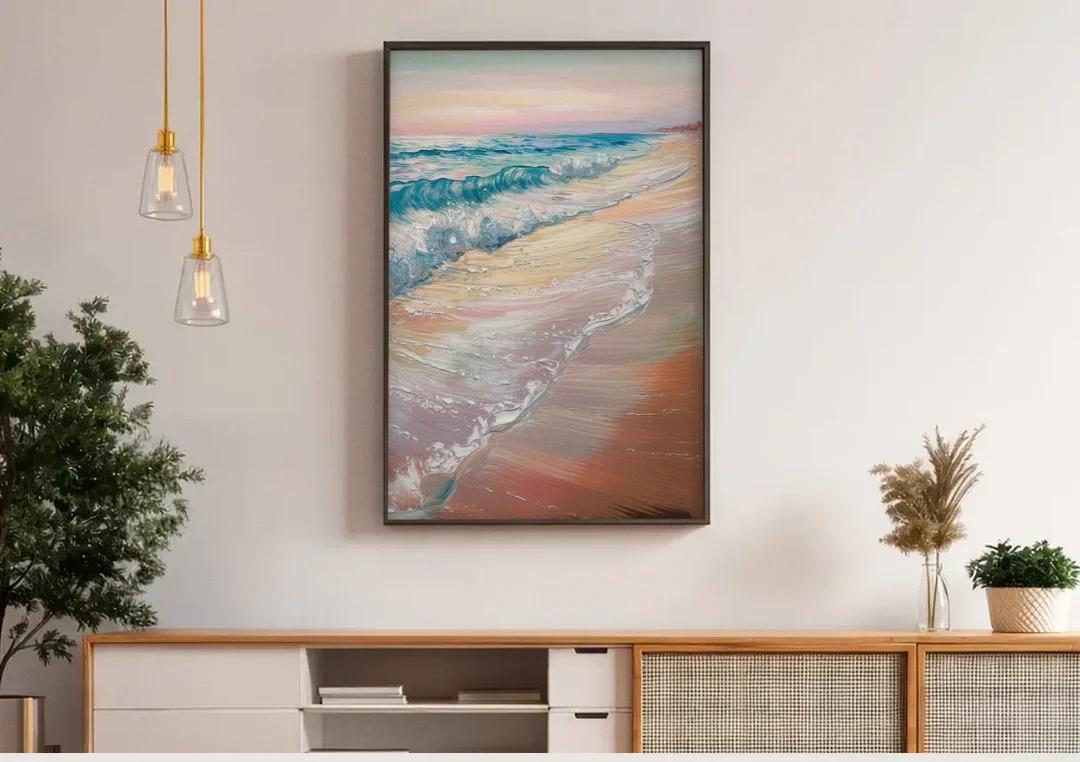 Long Beach California Ocean Waves canvas wall art above a wooden sideboard under pendant lights