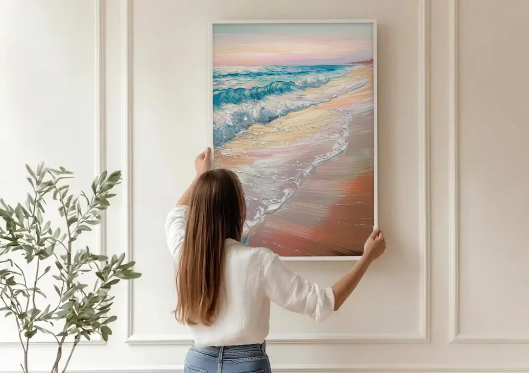 Long Beach California Ocean Waves canvas wall art being hung on a paneled wall