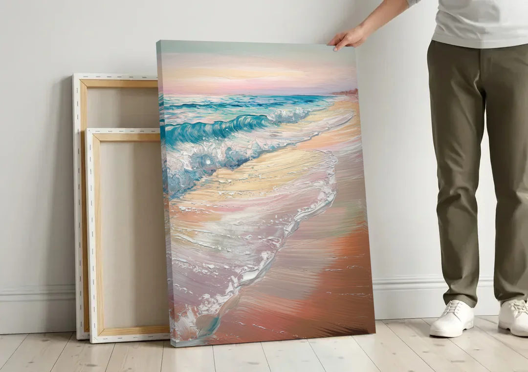 Long Beach California Ocean Waves canvas wall art leaning against a wall next to blank canvases